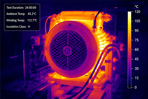 Infrared thermal analysis of an ElectroNasa hood motor stator operating continuously under load to verify Class H heat resistance limits.