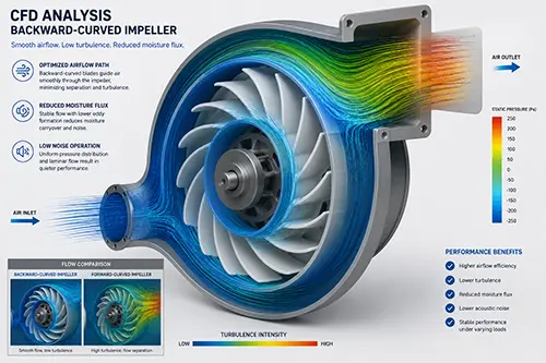 Computational Fluid Dynamics visualization of airflow over backward-curved impeller blades in a quiet range hood motor