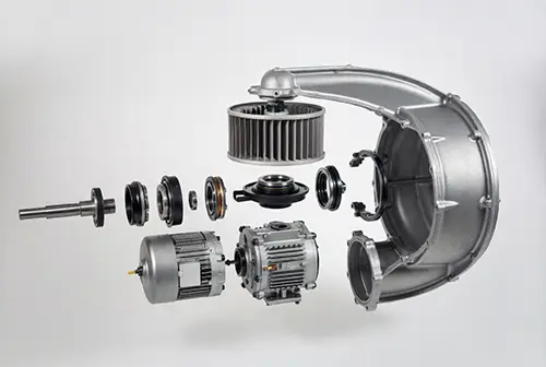 exploded view of a centrifugal blower used in a kitchen hood motor