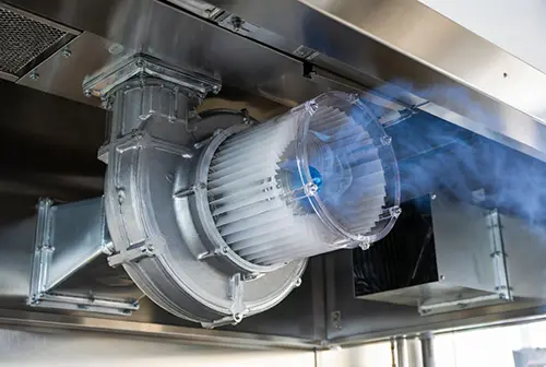 Kitchen hood motor airflow performance with centrifugal blower and ventilation duc