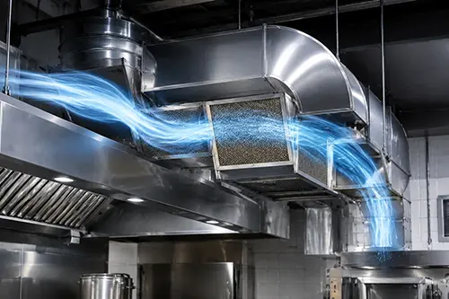 hood motor airflow commercial kitchen ventilation duct showing static pressure resistance and airflow restriction