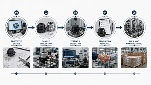 Prototype validation to bulk order MOQ transition flowchart