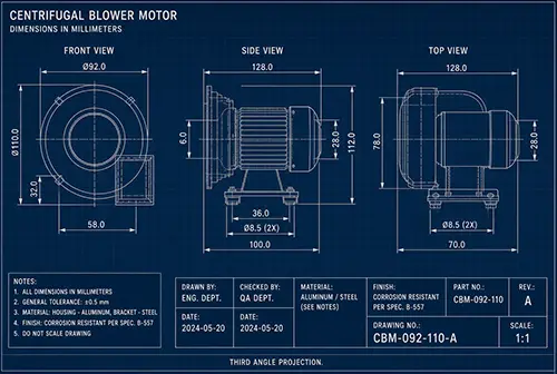 Dimensional CAD drawing for optimizing pallet space for K30 range hood motors