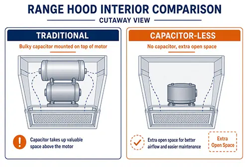 Capacitor-less motor architecture saving internal space in a range hood
