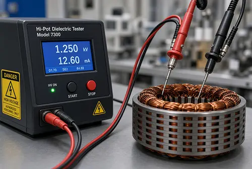 Dielectric withstand testing on a range hood motor stator
