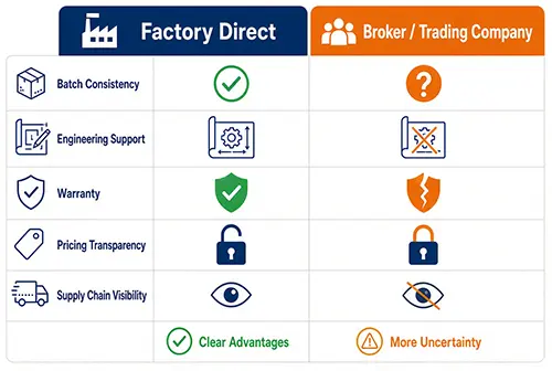 Comparison matrix of factory-direct vs broker sourcing for range hood motors